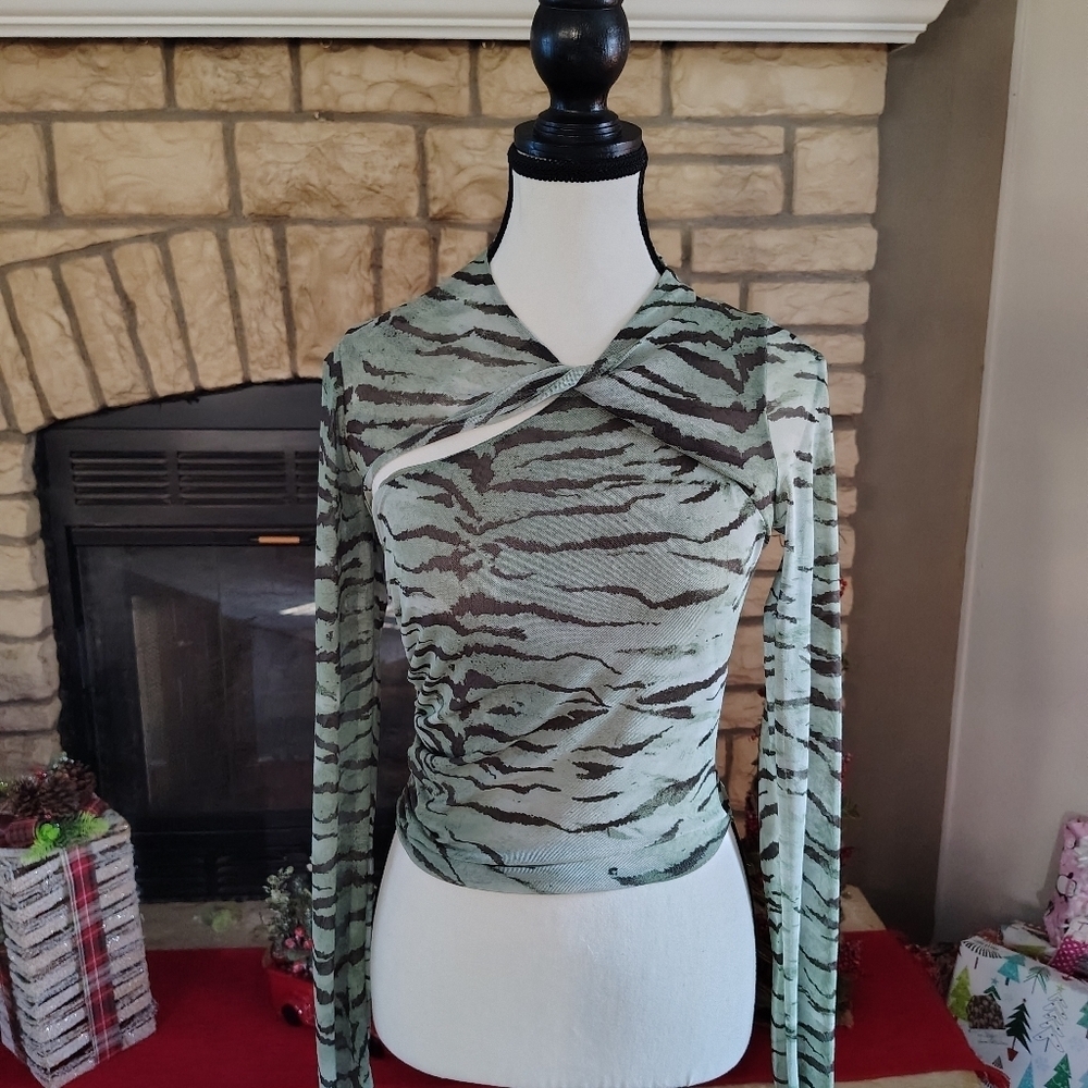 Zara Olive Mesh Tiger Top XS